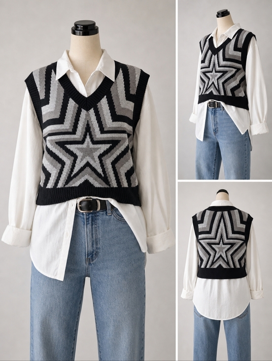 SHEIN Jackets & Blazers - Shein Star Knit Crop Vest Black Gray Sleeveless Size S